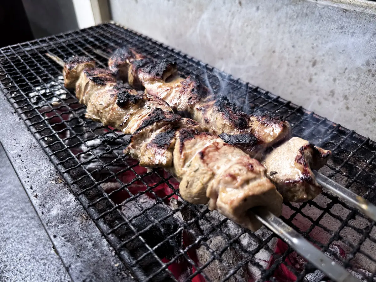 Gyros-Spieße über Holzkohle auf dem Grill