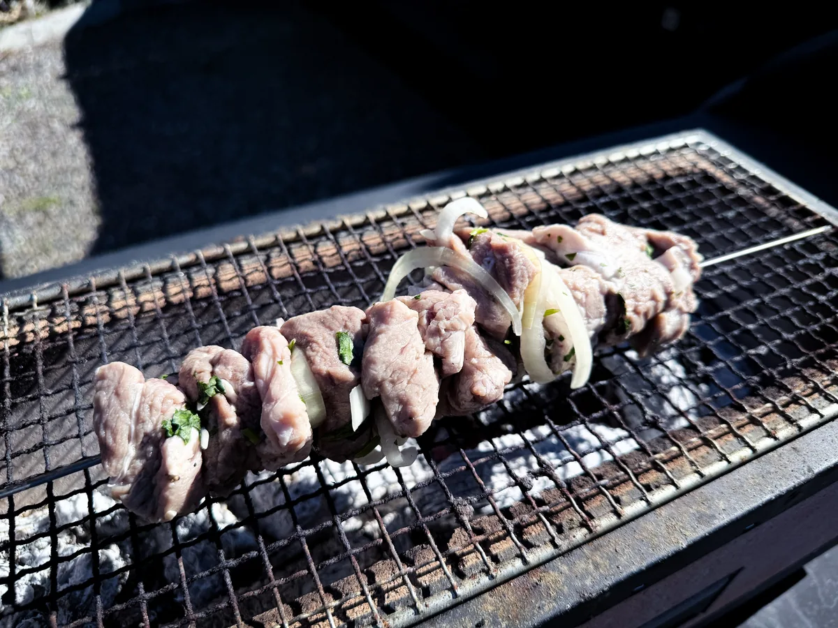 Schaschlik-Spieß mit Zwiebeln auf dem Holzkohlegrill