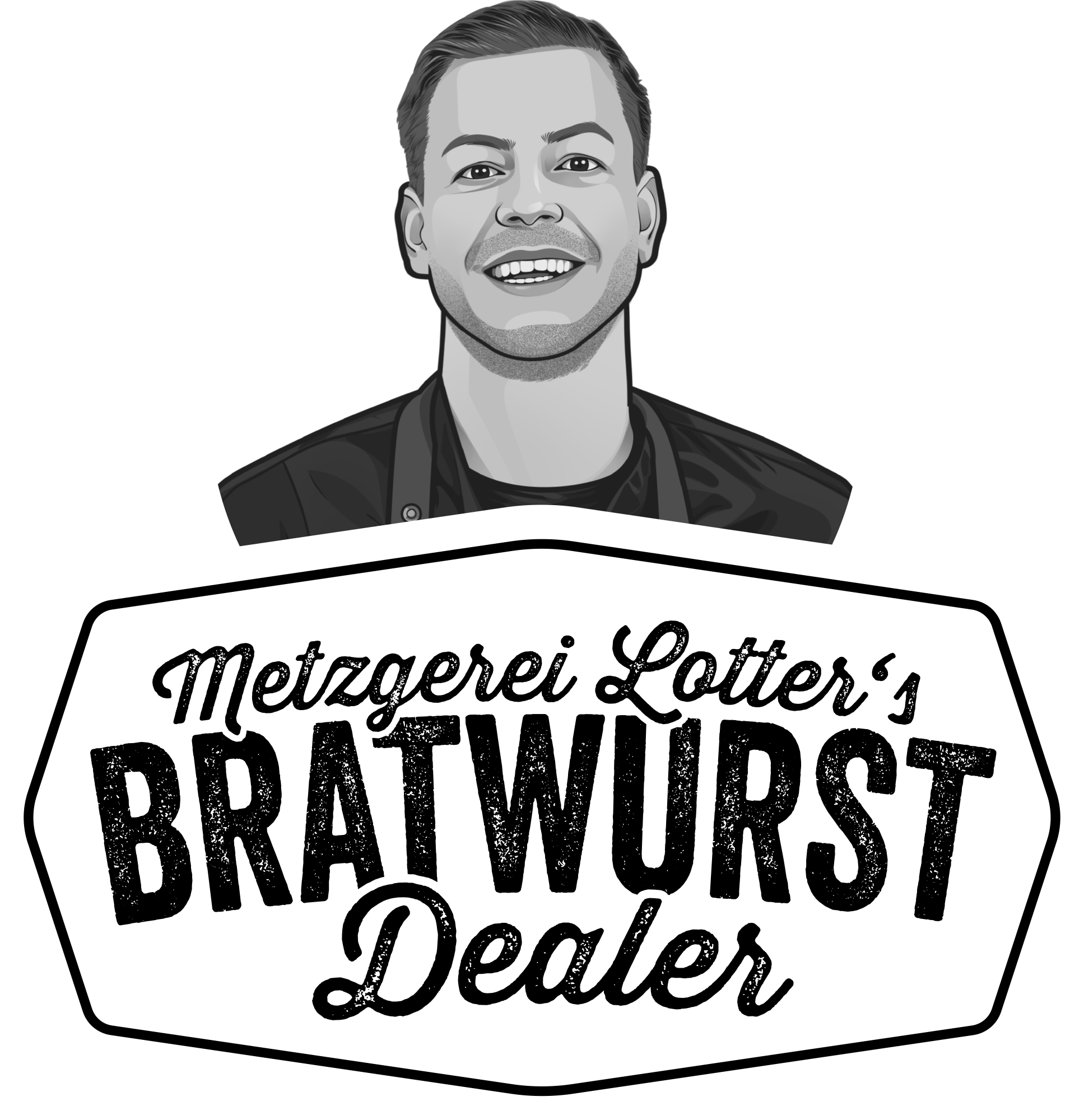 Logo des Bratwurst Dealers – Hell gestaltetes Emblem mit stilisierter Bratwurst und Schriftzug Logo des Bratwurst Dealer auf hellem Hintergrund: Schwarzer Schriftzug „Bratwurst Dealer“ in markanter, urbaner Typografie mit durchgestrichenem Wurstsymbol darunter; modernes Design im Streetfood-Stil für Premium-Grillprodukte.