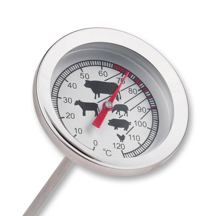 Ein digitales Stichthermometer misst die Kerntemperatur eines saftigen Steaks auf einem Holzteller – ideales Grillzubehör für perfektes Garen und punktgenaues BBQ-Erlebnis.