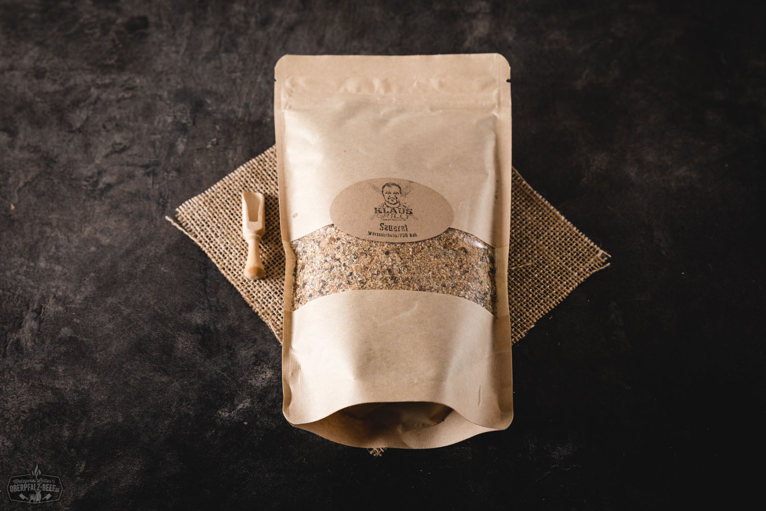 Klaus grillt Sauerei Beutel Produktbild – Verpackung von Oberpfalz Beef, Grillzubehör für Fleischliebhaber.