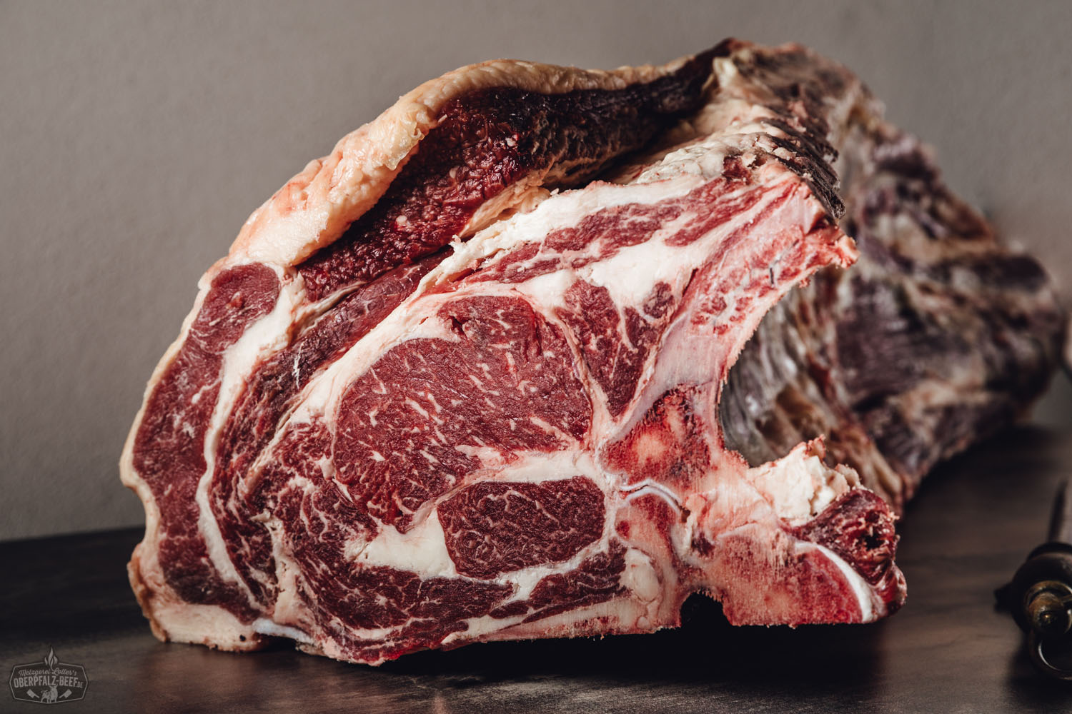 Ganzer Rinderrücken mit Knochen ohne Filet – Dry Aged zum Selberreifen vom Oberpfalz-Rind Bild eines ganzen Rückens von einem Oberpfalz-Rind mit Knochen, ohne Filet, zum Selberreifen; hochwertige Fleischspezialität aus der Oberpfalz